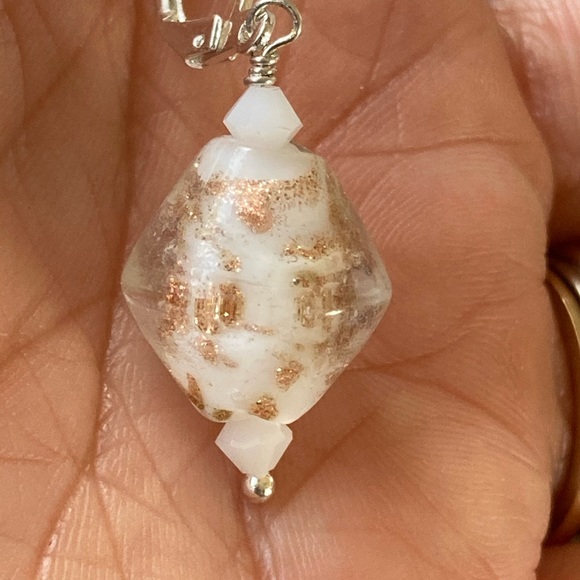 Clear Copper Foil Lampwork Glass Drop Earring Swarovski Crystal 925 Sterling … - Picture 3 of 4